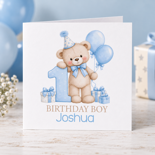 Personalised Blue Teddy Balloons 1st Birthday Card, Birthday Boy Name, 6x6