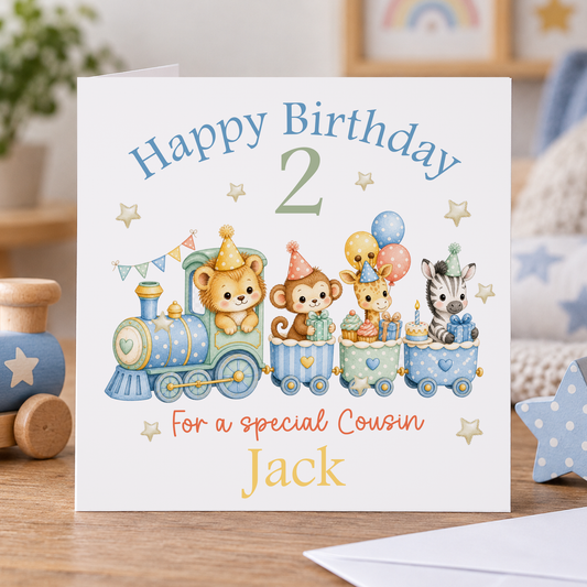 Personalised Blue Train Birthday Card, Any Age, Name & Relation, 6x6