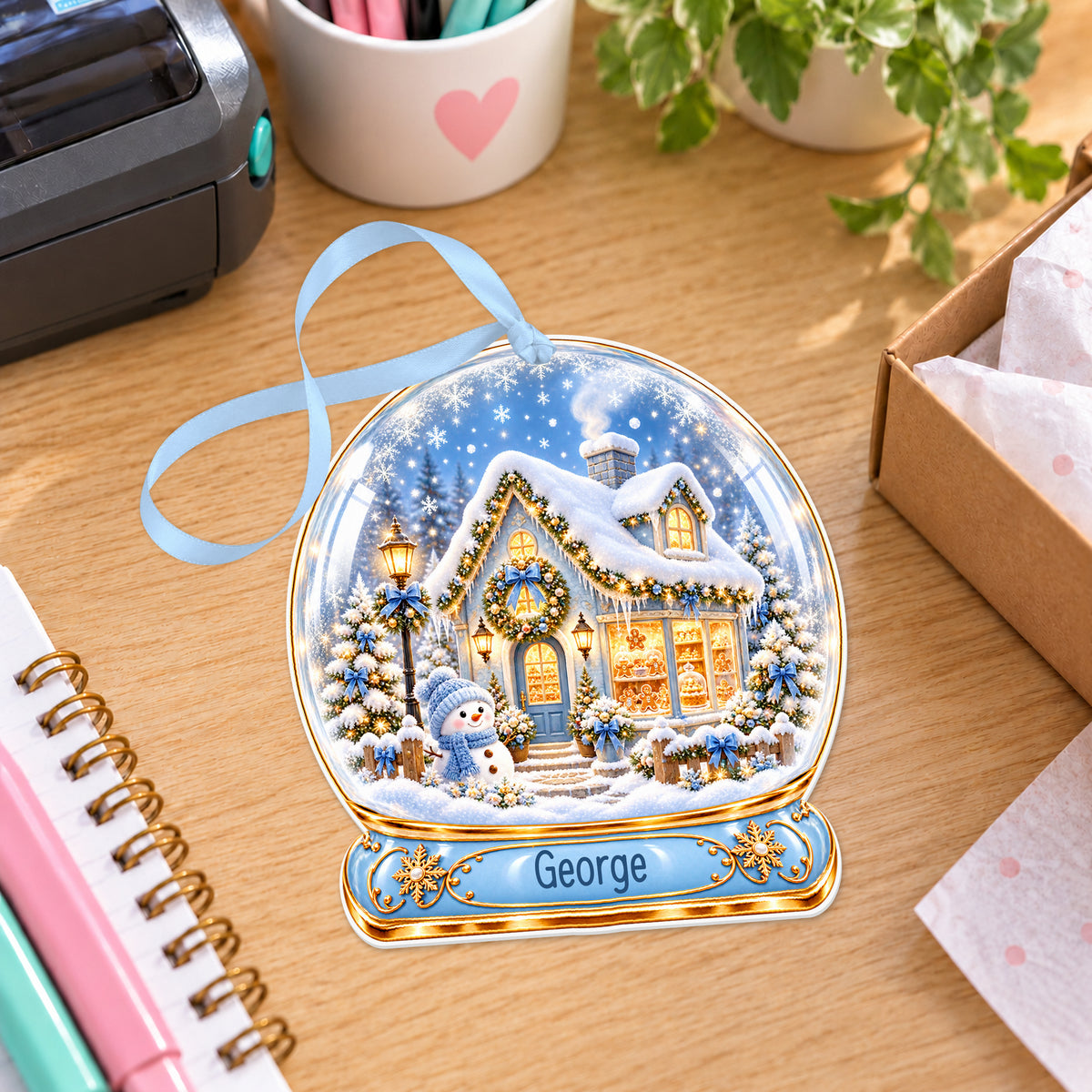 Personalised blue winter bakery snow globe bauble with name, white acrylic Christmas decoration with ribbon, shown on a desk