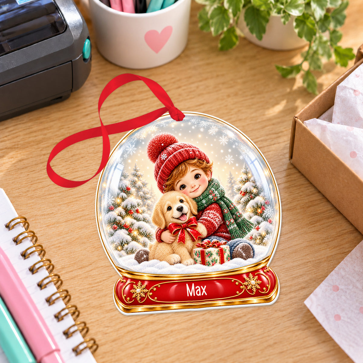 Personalised boy and puppy snow globe bauble with name, white acrylic Christmas decoration with ribbon, shown on a desk