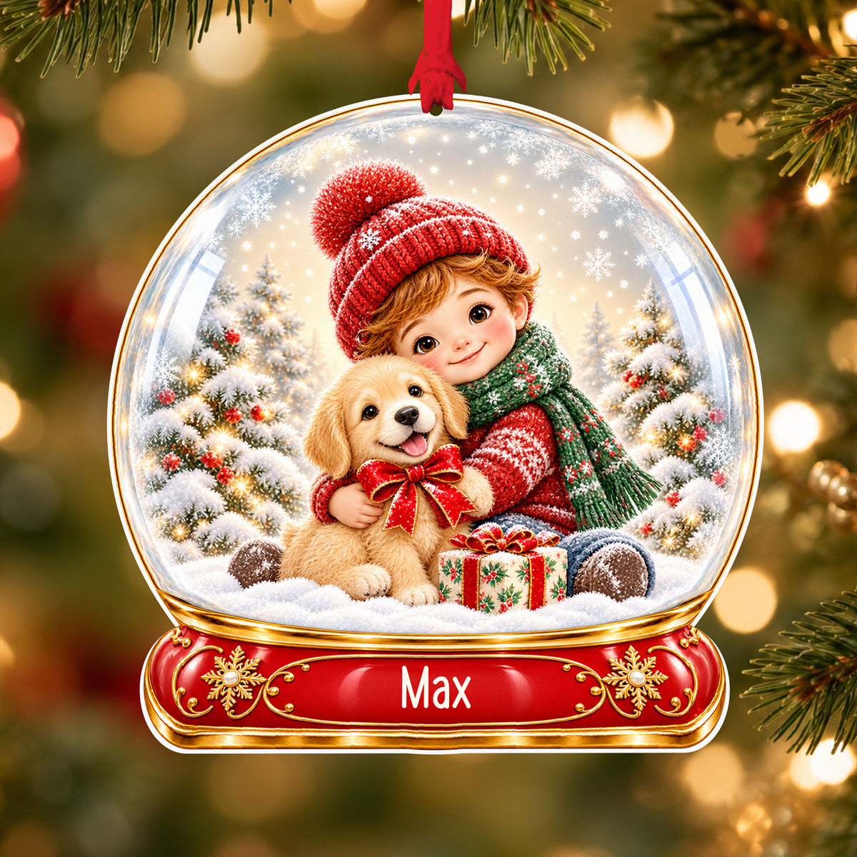 Personalised boy and puppy acrylic snow globe Christmas bauble with custom name, hanging on a Christmas tree with red ribbon