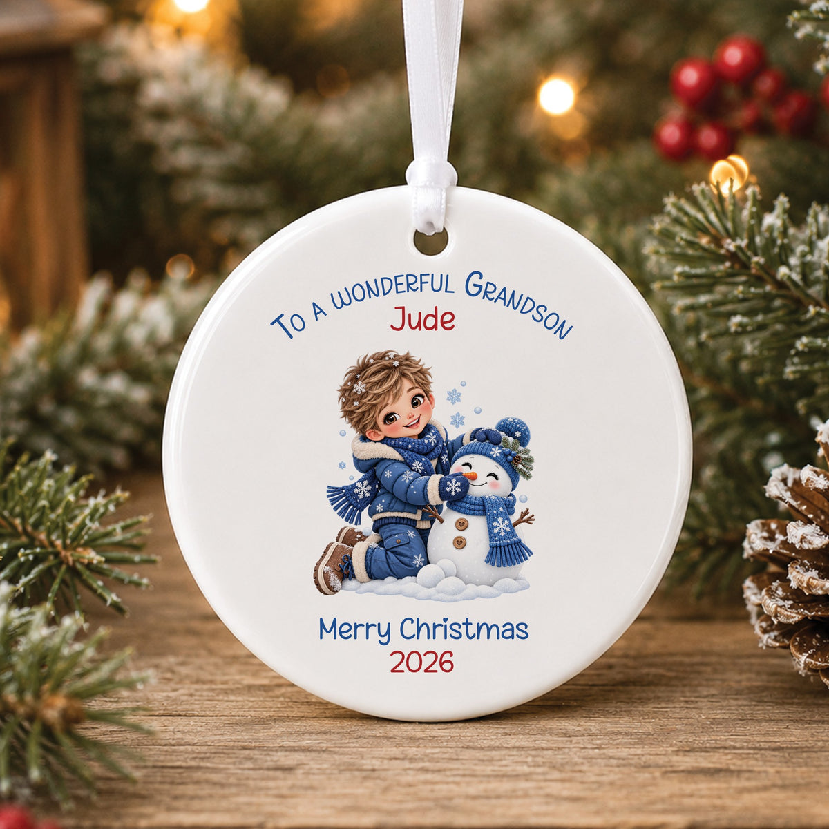 Personalised white ceramic Christmas bauble showing a little boy in a blue snowsuit building a snowman in a matching blue hat and scarf, with To a wonderful Grandson, a name and Merry Christmas 2026