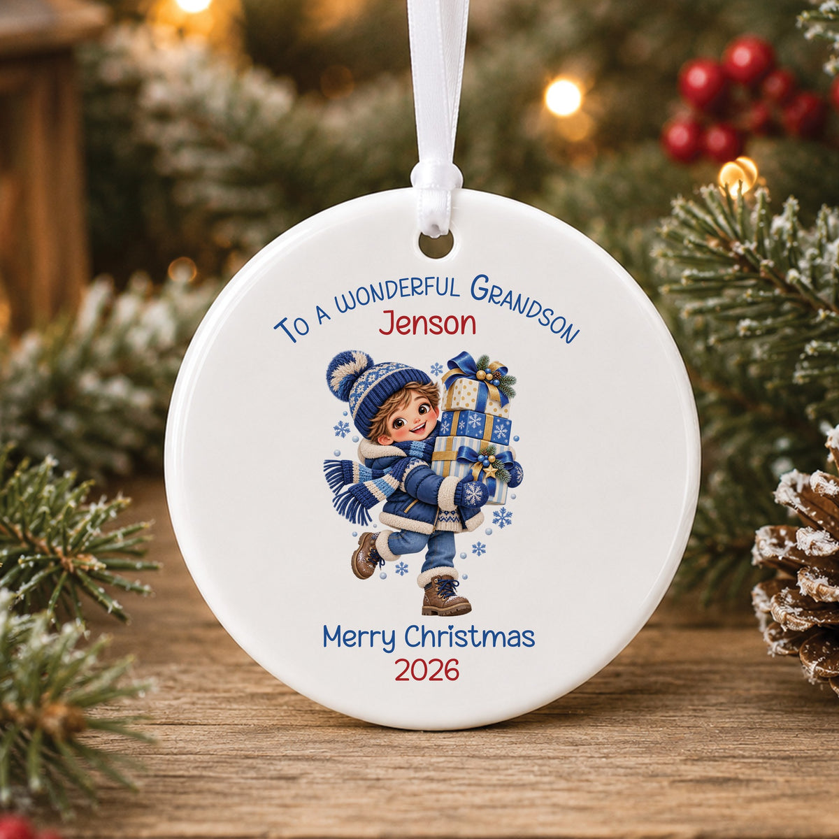 Personalised white ceramic Christmas bauble showing a little boy in a blue coat and bobble hat carrying a stack of blue and gold presents, with To a wonderful Grandson, a name and Merry Christmas 2026