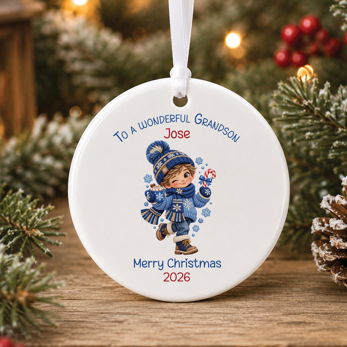 Personalised white ceramic Christmas bauble showing a winking little boy in a blue knitted hat and jumper holding a hot chocolate and candy cane, with To a wonderful Grandson, a name and Merry Christmas 2026
