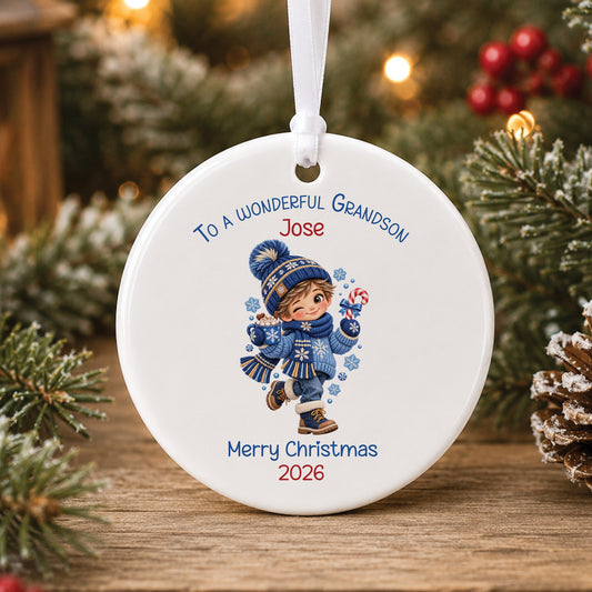 Personalised white ceramic Christmas bauble showing a winking little boy in a blue knitted hat and jumper holding a hot chocolate and candy cane, with To a wonderful Grandson, a name and Merry Christmas 2026