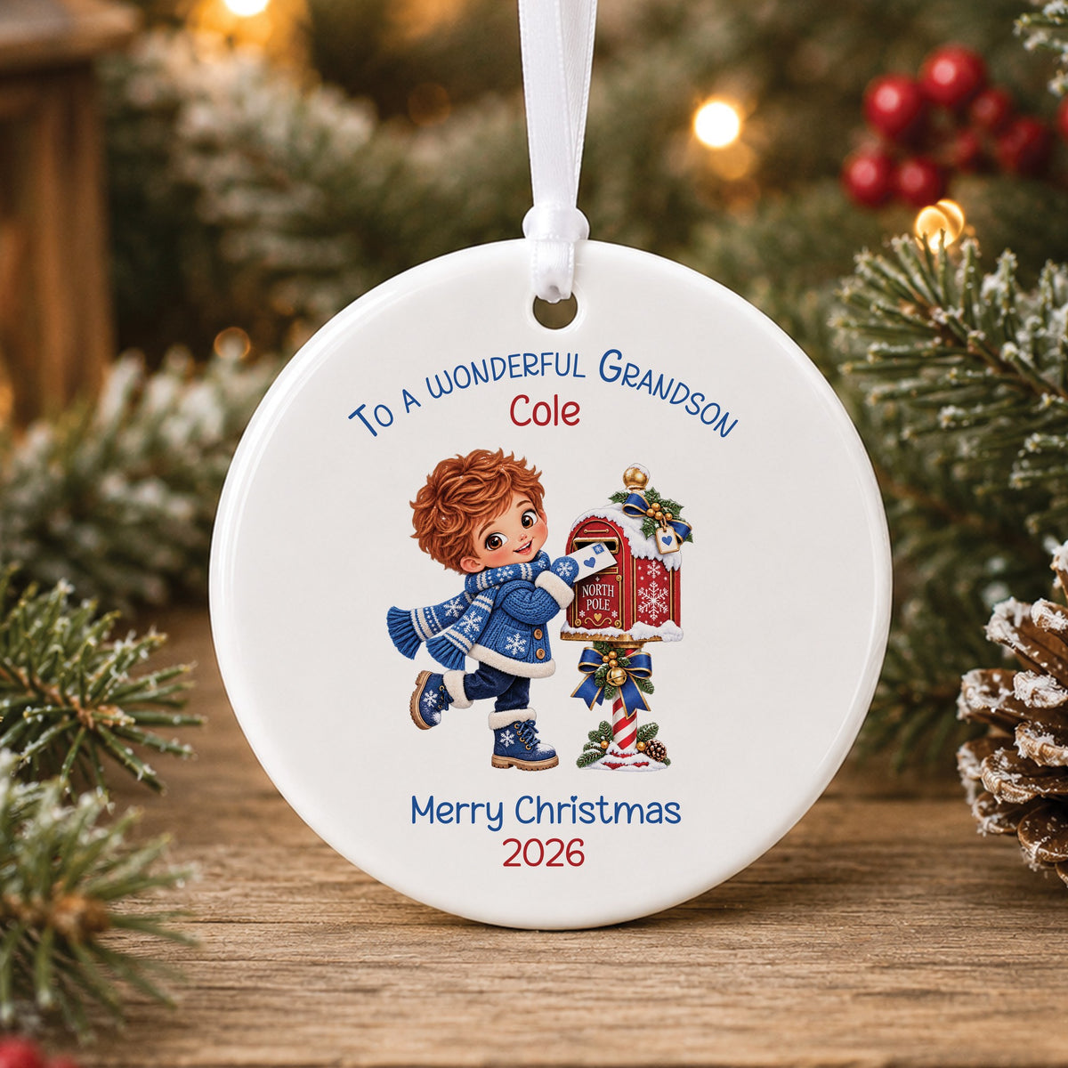 Personalised white ceramic Christmas bauble showing a little boy with red hair posting a letter into a red North Pole postbox, with To a wonderful Grandson, a name and Merry Christmas 2026