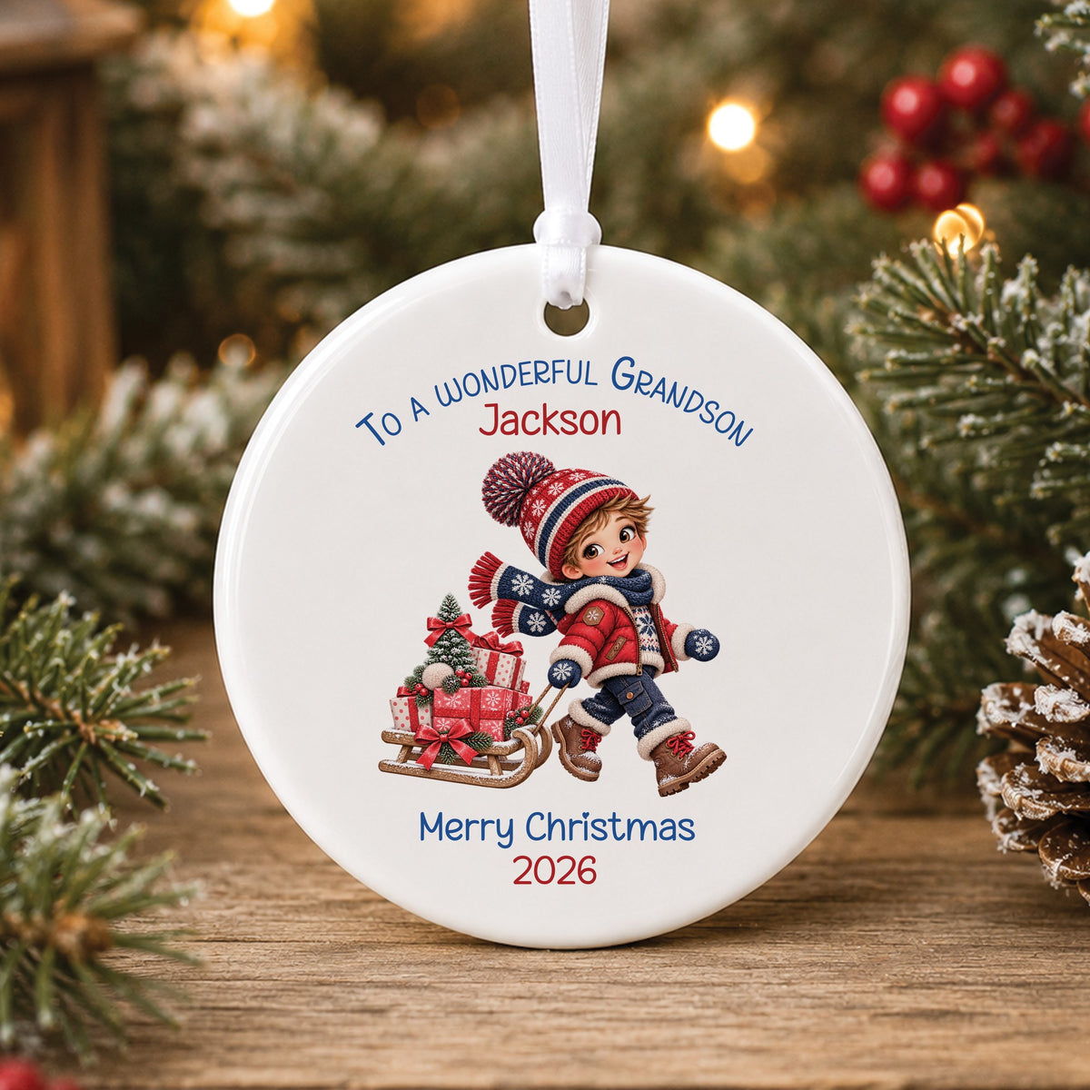Personalised white ceramic Christmas bauble showing a little boy in a red puffer jacket and bobble hat pulling a sledge piled with presents, with To a wonderful Grandson, a name and Merry Christmas 2026