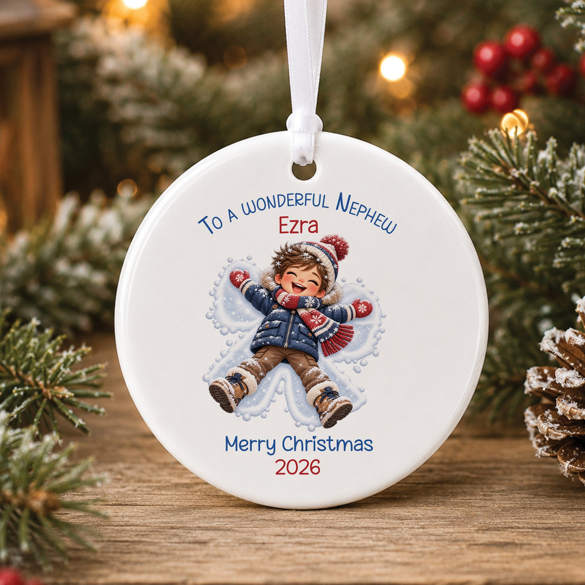 Personalised white ceramic Christmas bauble showing a laughing little boy in a navy coat and red scarf making a snow angel, with To a wonderful Grandson, a name and Merry Christmas 2026
