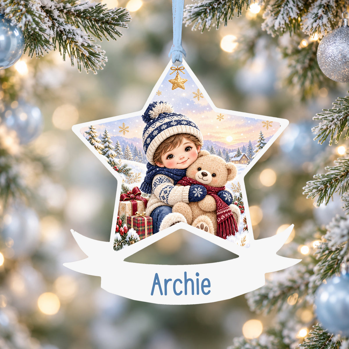 Personalised boy teddy hug acrylic star Christmas bauble with custom name, hanging on a Christmas tree with baby blue ribbon