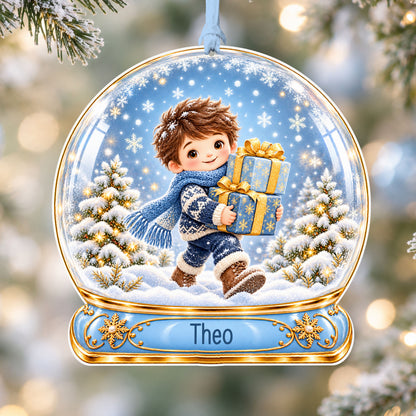 Personalised boy with blue gifts acrylic snow globe Christmas bauble with custom name, hanging on a Christmas tree with baby blue ribbon