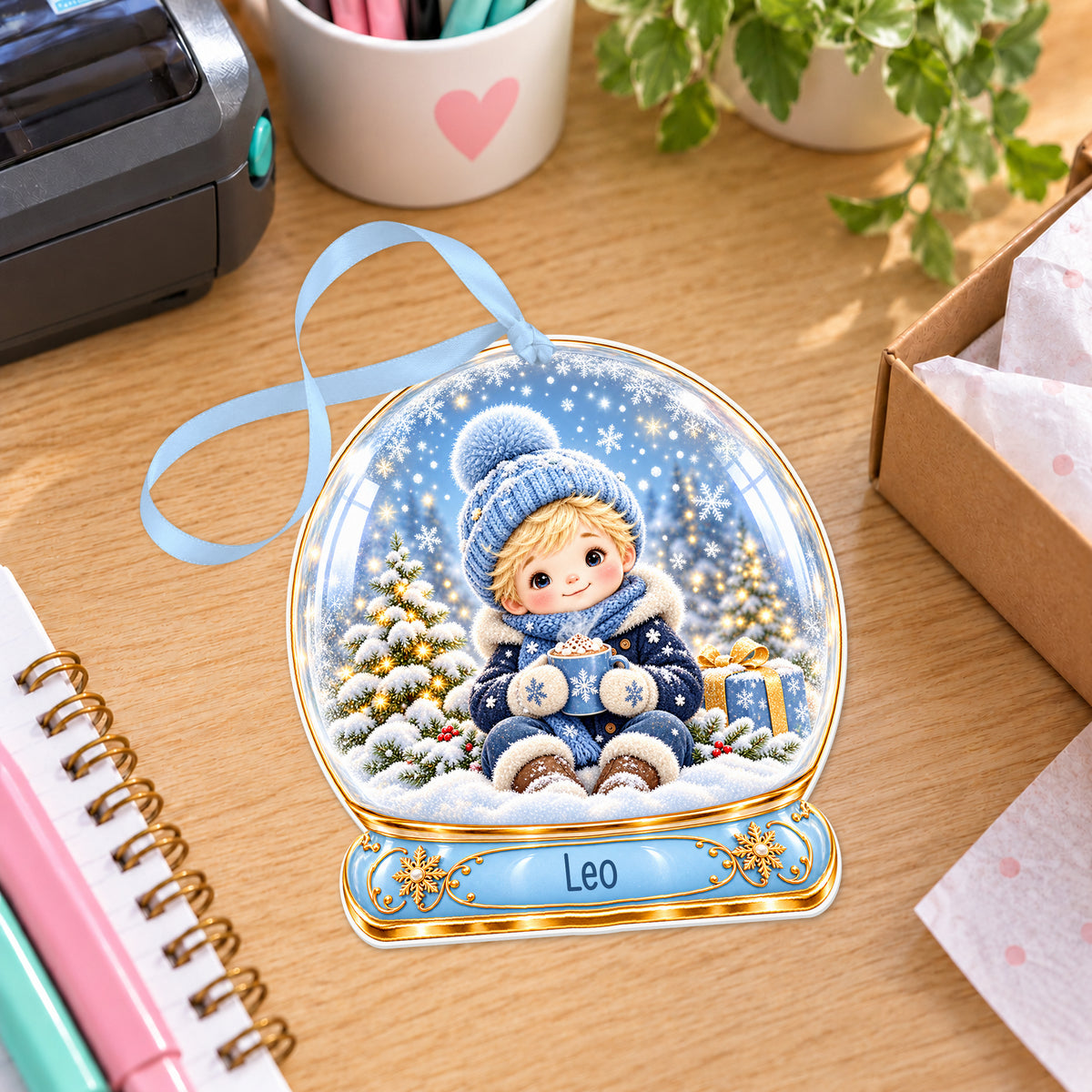 Personalised boy with hot cocoa snow globe bauble with name, white acrylic Christmas decoration with ribbon, shown on a desk
