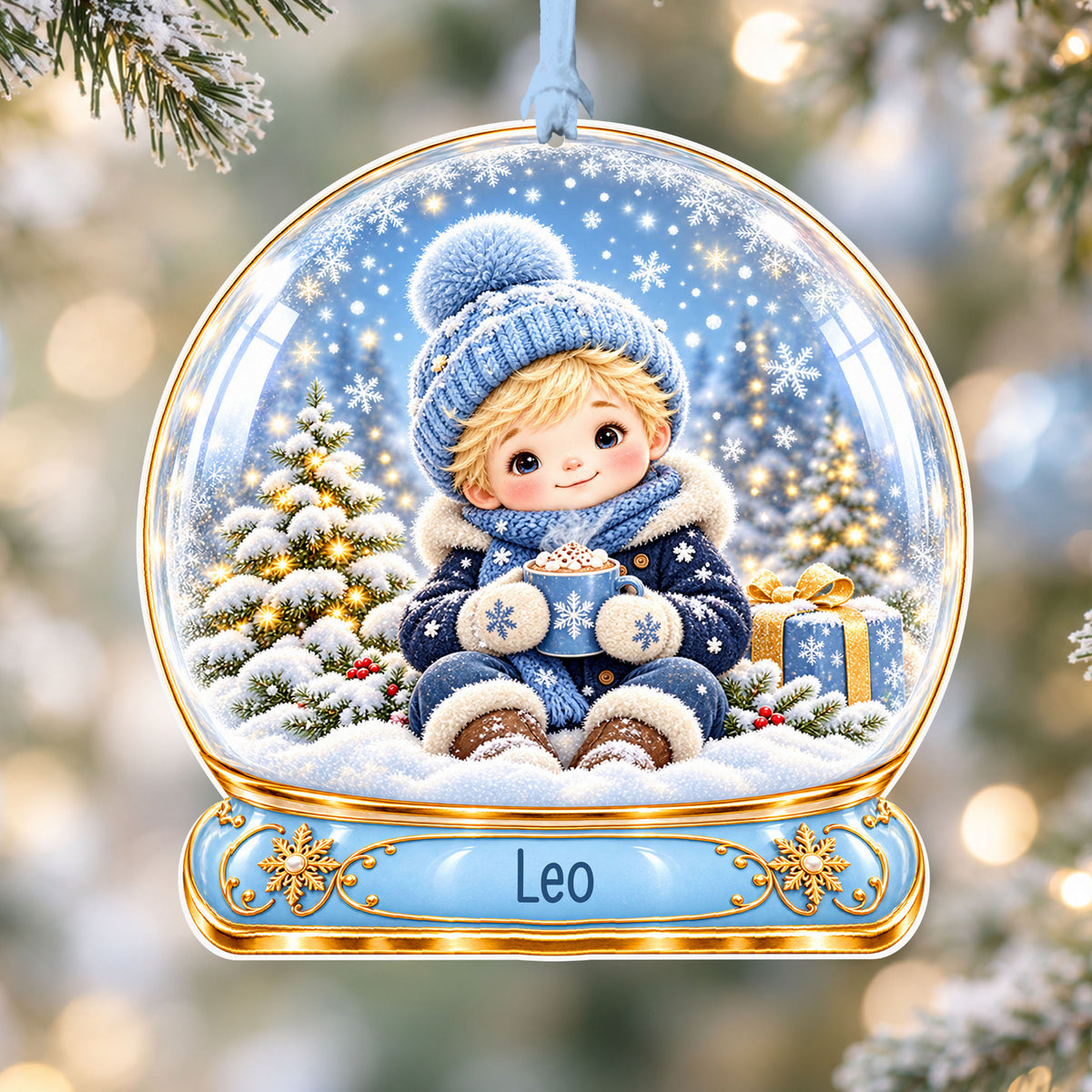 Personalised boy with hot cocoa acrylic snow globe Christmas bauble with custom name, hanging on a Christmas tree with baby blue ribbon