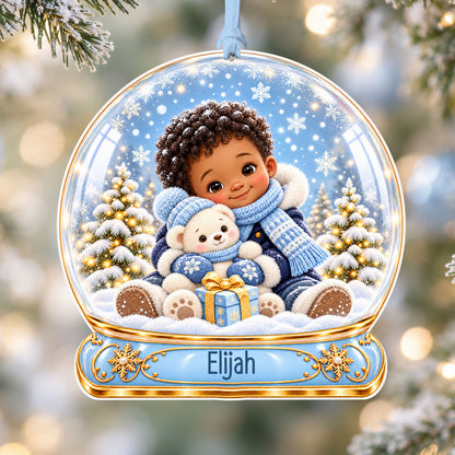 Personalised boy with teddy acrylic snow globe Christmas bauble with custom name, hanging on a Christmas tree with baby blue ribbon