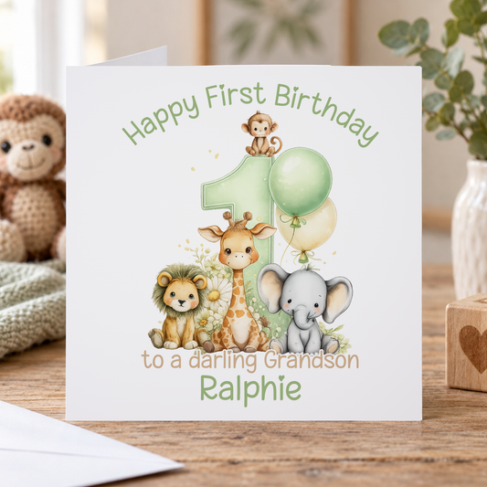 Personalised Boys 1st Birthday Card — Safari Friends & a Green Number One