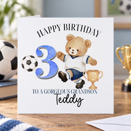 Personalised Boys' Football Birthday Card - Teddy Bear Goal Celebration