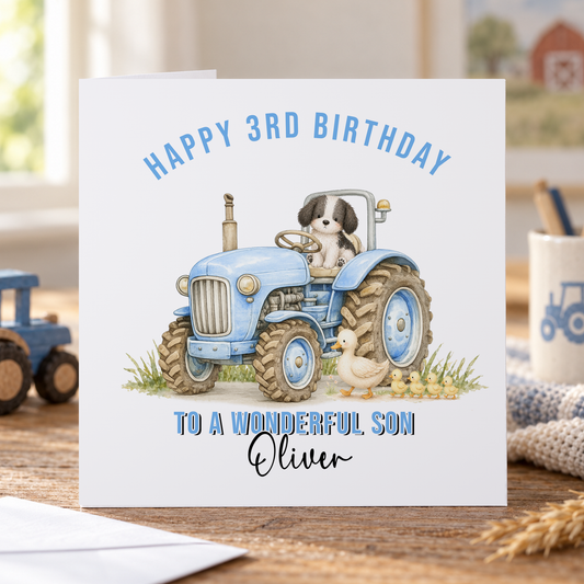 Personalised Boys Tractor Birthday Card — A Puppy, a Blue Tractor & Ducks in Tow