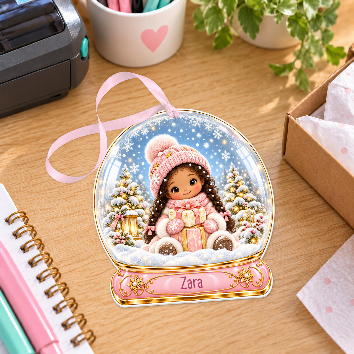 Personalised braided girl with gifts snow globe bauble with name, white acrylic Christmas decoration with ribbon, shown on a desk