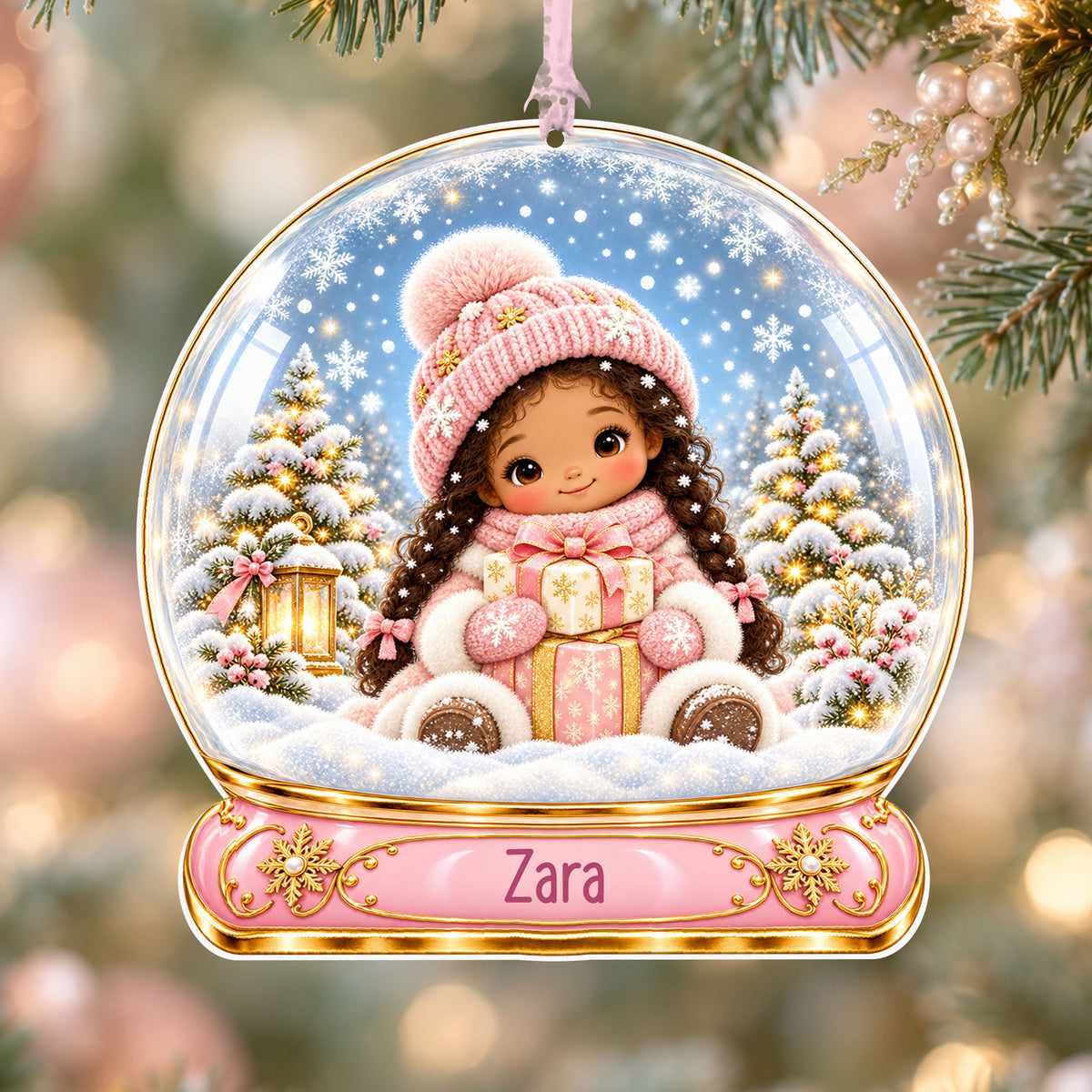 Personalised braided girl with gifts acrylic snow globe Christmas bauble with custom name, hanging on a Christmas tree with baby pink ribbon