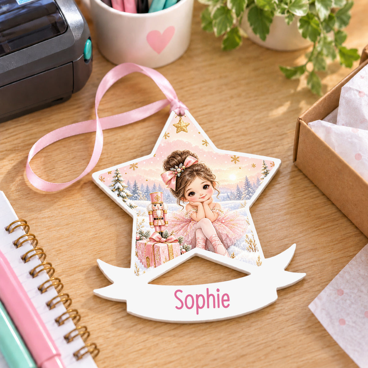 Personalised brunette sugar plum ballerina white acrylic star bauble with name, 10cm Christmas decoration with ribbon, shown on a desk