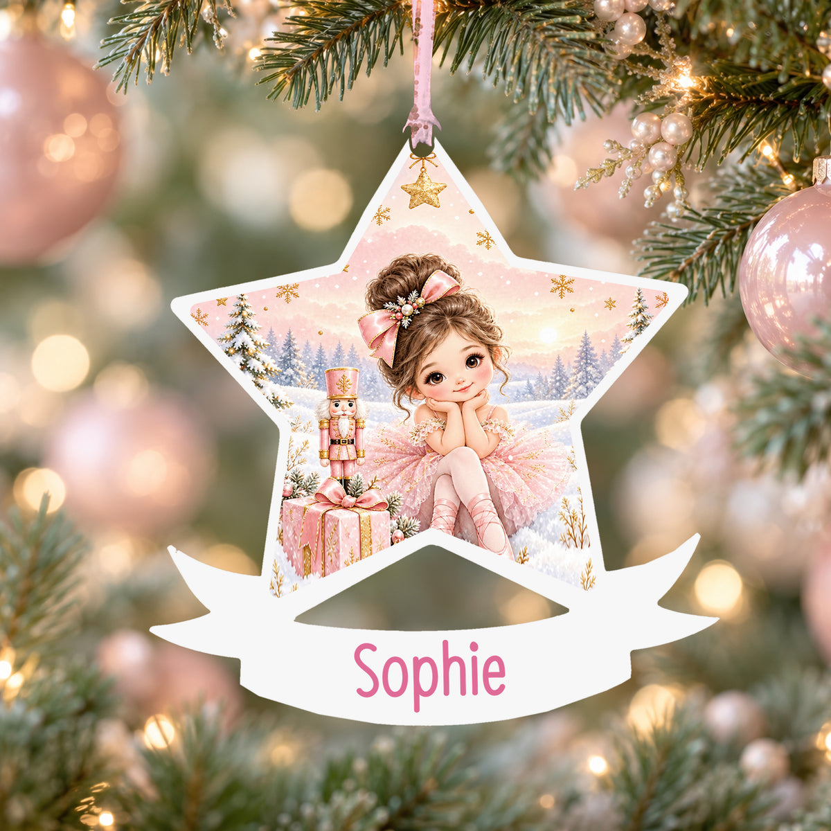 Personalised brunette sugar plum ballerina acrylic star Christmas bauble with custom name, hanging on a Christmas tree with baby pink ribbon