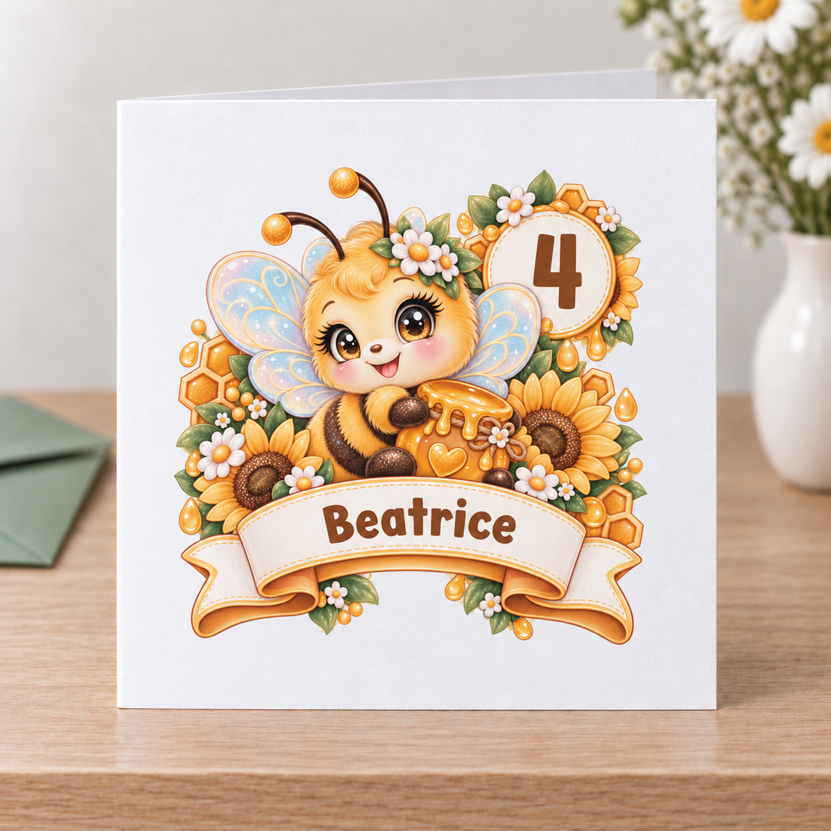 Personalised Bumble Bee Birthday Card, Any Age & Name, 6x6 Inch