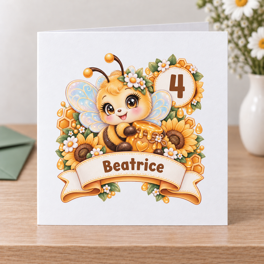 Personalised Bumble Bee Birthday Card, Any Age & Name, 6x6 Inch