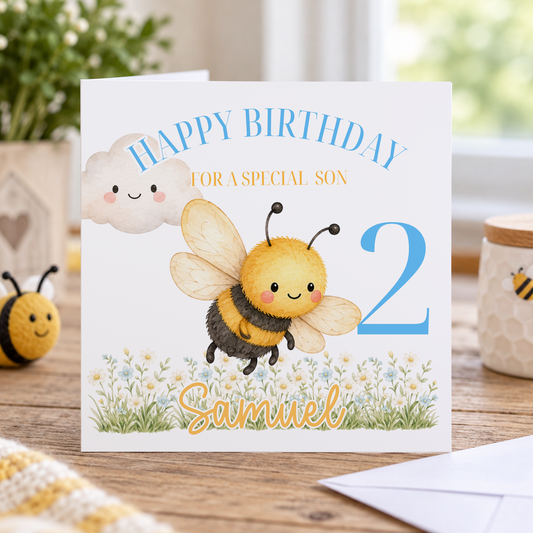 Personalised Bumble Bee Birthday Card, For Grandson Any Age & Relation