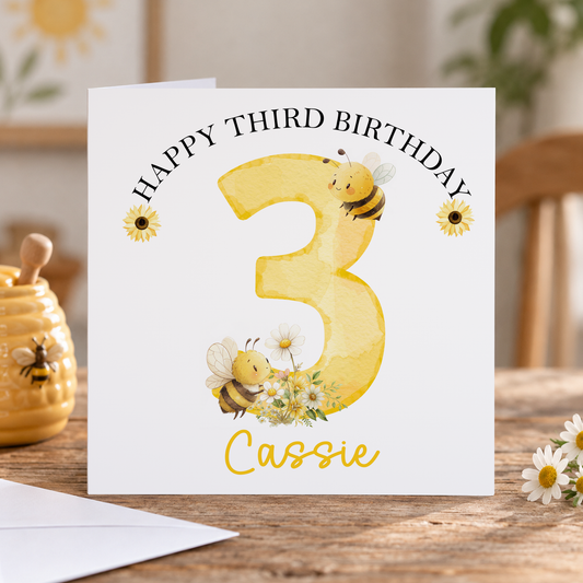 Personalised Bumblebee Birthday Card – Custom Name, Age & Relation – 6x6" Square Card with Envelope