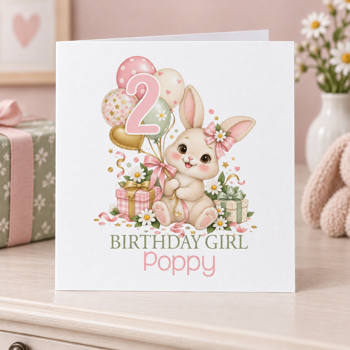 Personalised Bunny and Balloons Birthday Card, Any Age & Name, 6x6 Inch