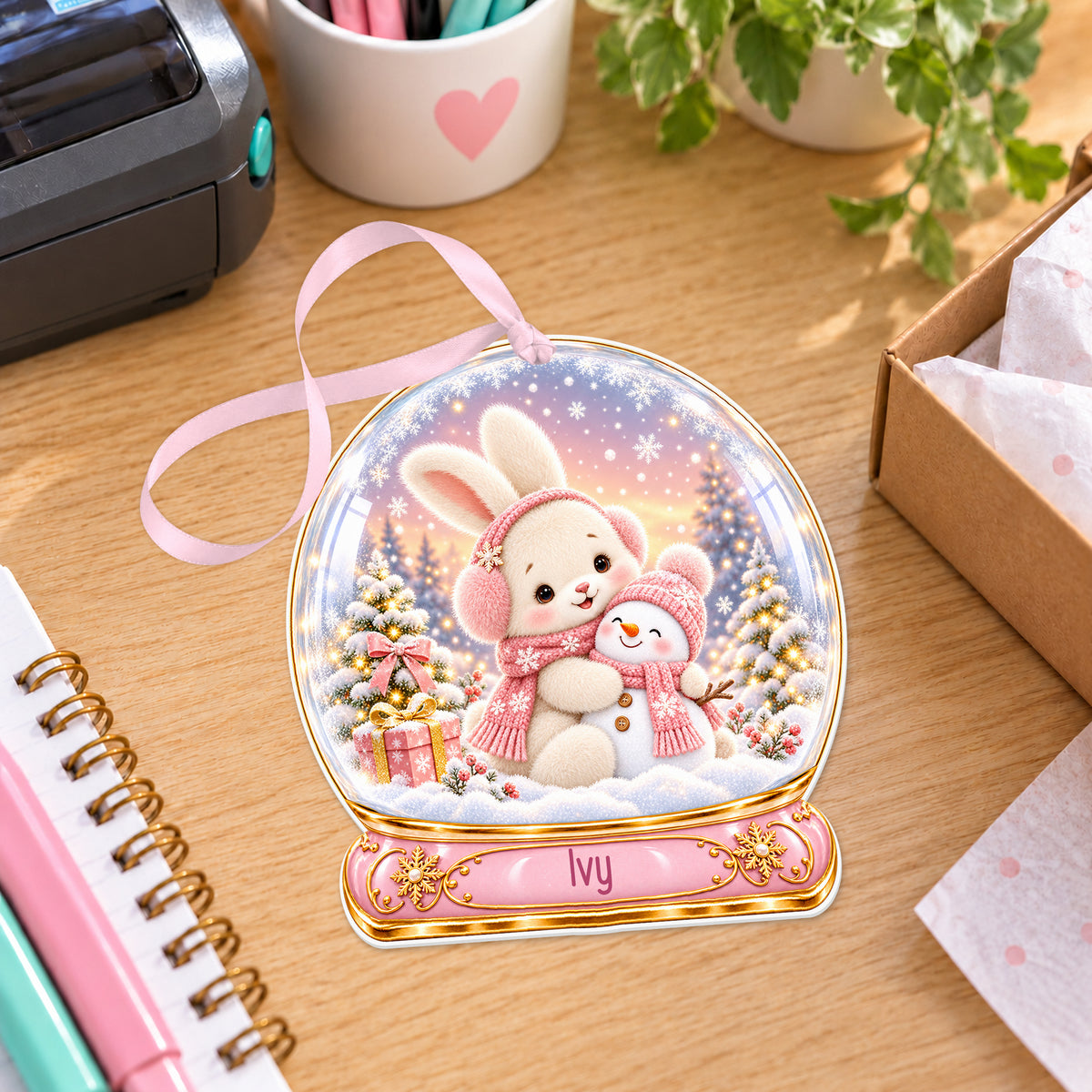 Personalised bunny and snowman snow globe bauble with name, white acrylic Christmas decoration with ribbon, shown on a desk