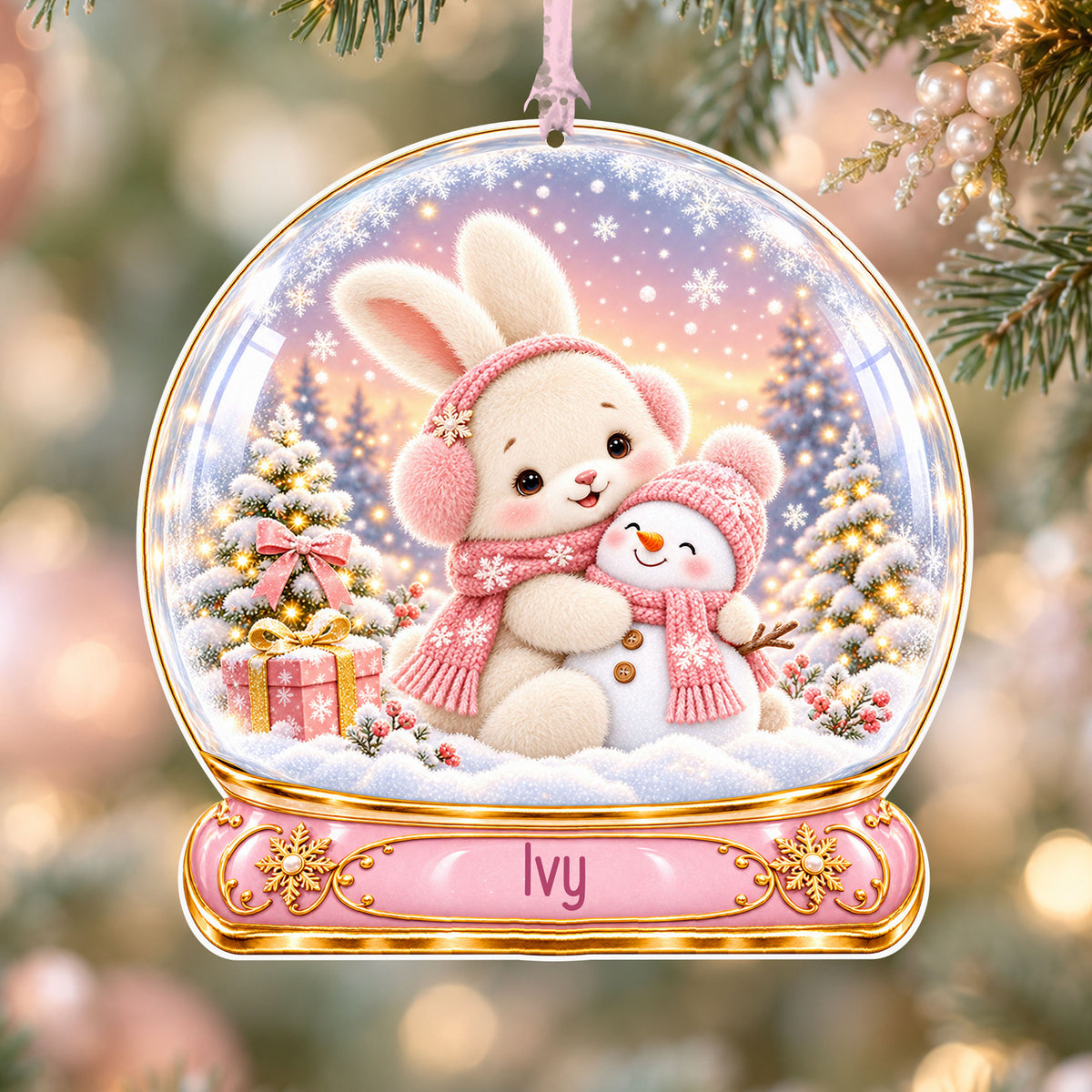 Personalised bunny and snowman acrylic snow globe Christmas bauble with custom name, hanging on a Christmas tree with baby pink ribbon