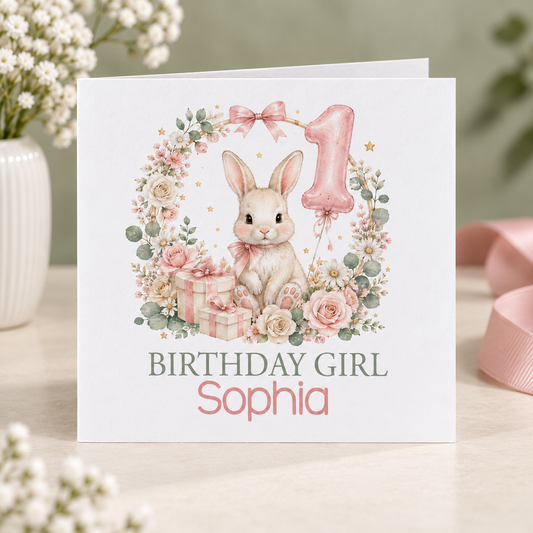 Personalised Bunny Floral Wreath 1st Birthday Card, Birthday Girl Name, 6x6