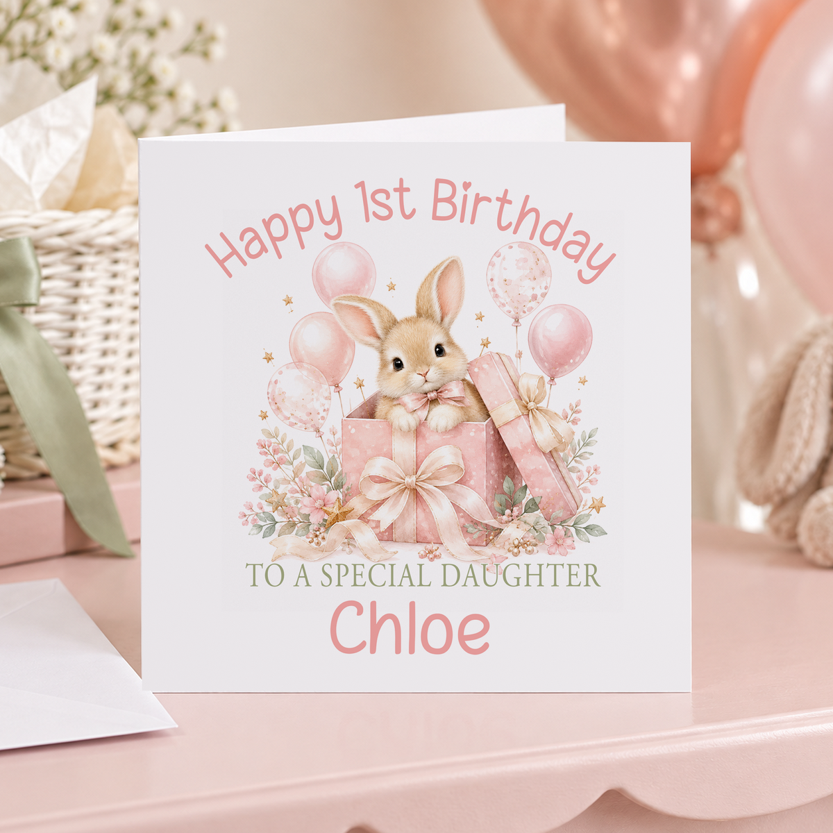 Personalised Bunny in a Present 1st Birthday Card, Any Name & Relation, 6x6 Inch