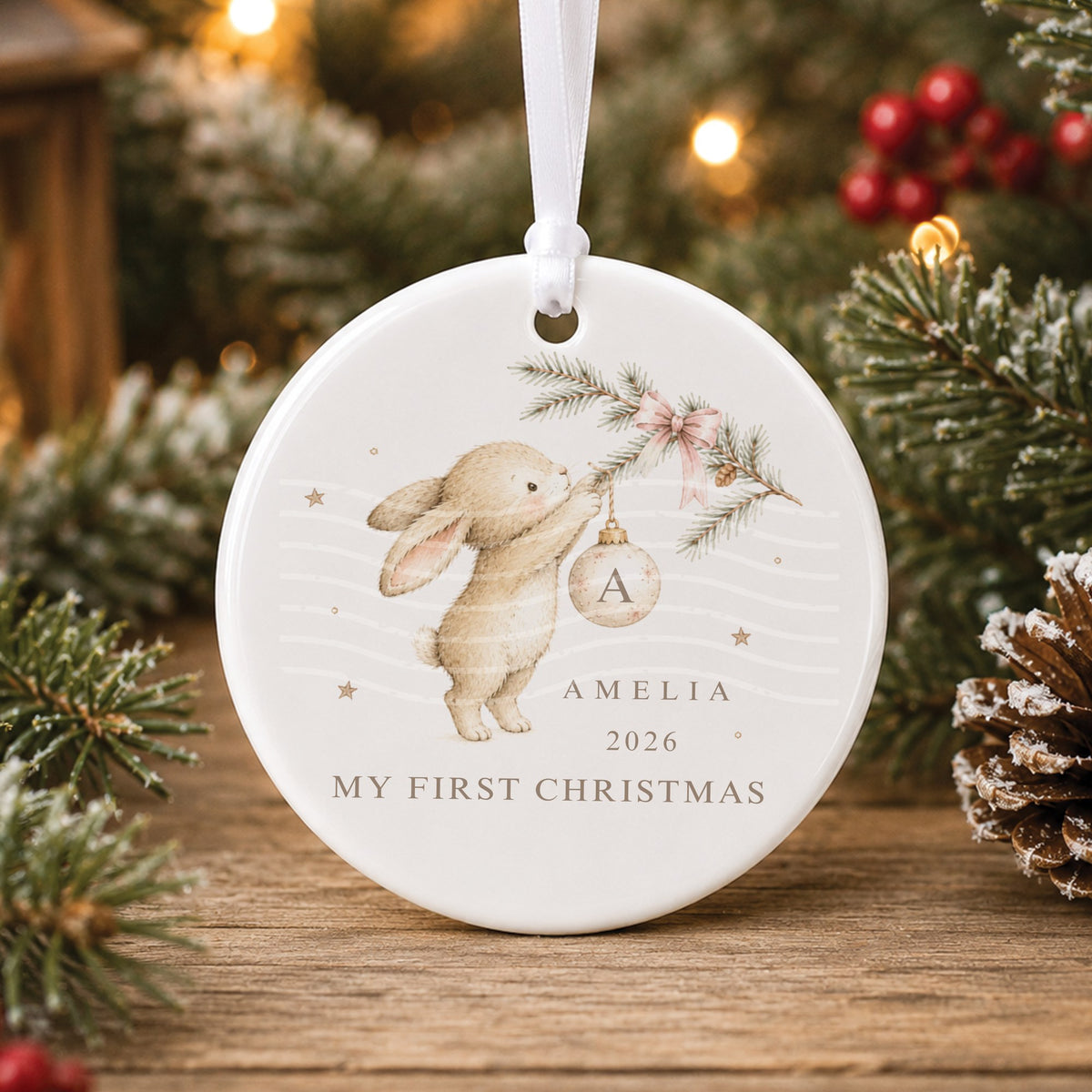 Personalised white ceramic My First Christmas bauble with a bunny hanging an initial “A” bauble on a pine branch with a pink bow, “Amelia 2026”