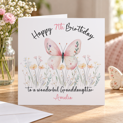 Personalised Butterfly and Flowers Birthday Card, Any Age, Name & Relation, 6x6 Inch