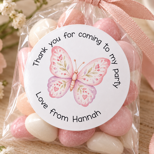 Personalised Butterfly Stickers – Pastel Pink Party Bag Labels
