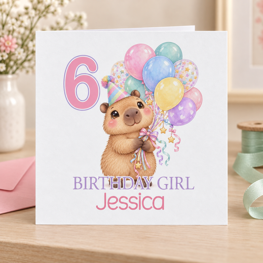 Personalised Capybara Balloons Birthday Card, Any Age & Name, 6x6 Inch