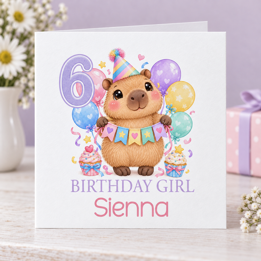 Personalised Capybara Birthday Card – Party Bunting Birthday Girl, Any Age, 6x6