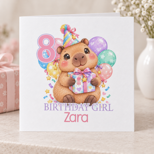 Personalised Capybara Birthday Card – Present Hug Birthday Girl, Any Age, 6x6