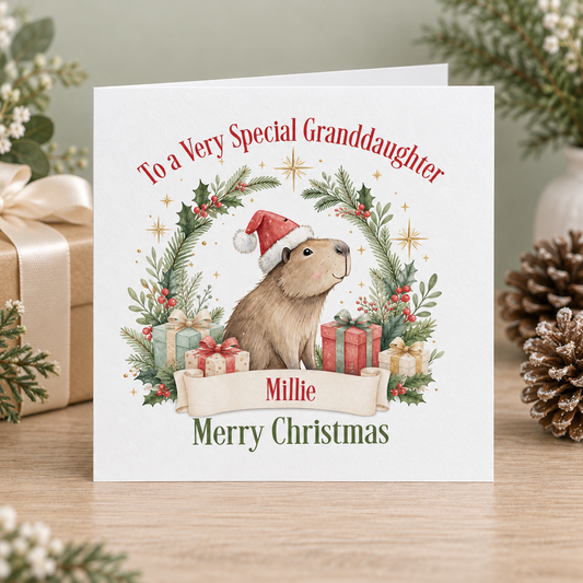 Personalised Capybara Christmas Card – Santa Hat & Wreath, Granddaughter 6x6