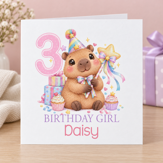 Personalised Capybara Star Wand Birthday Card, Any Age & Name, 6x6 Inch