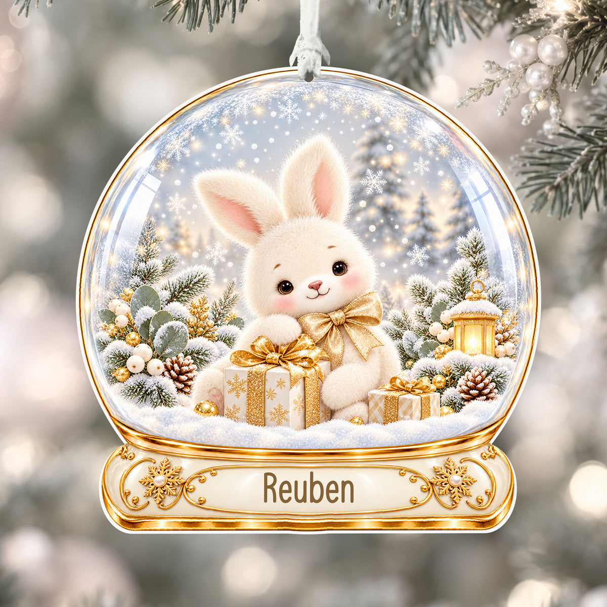 Personalised champagne bunny acrylic snow globe Christmas bauble with custom name, hanging on a Christmas tree with white ribbon
