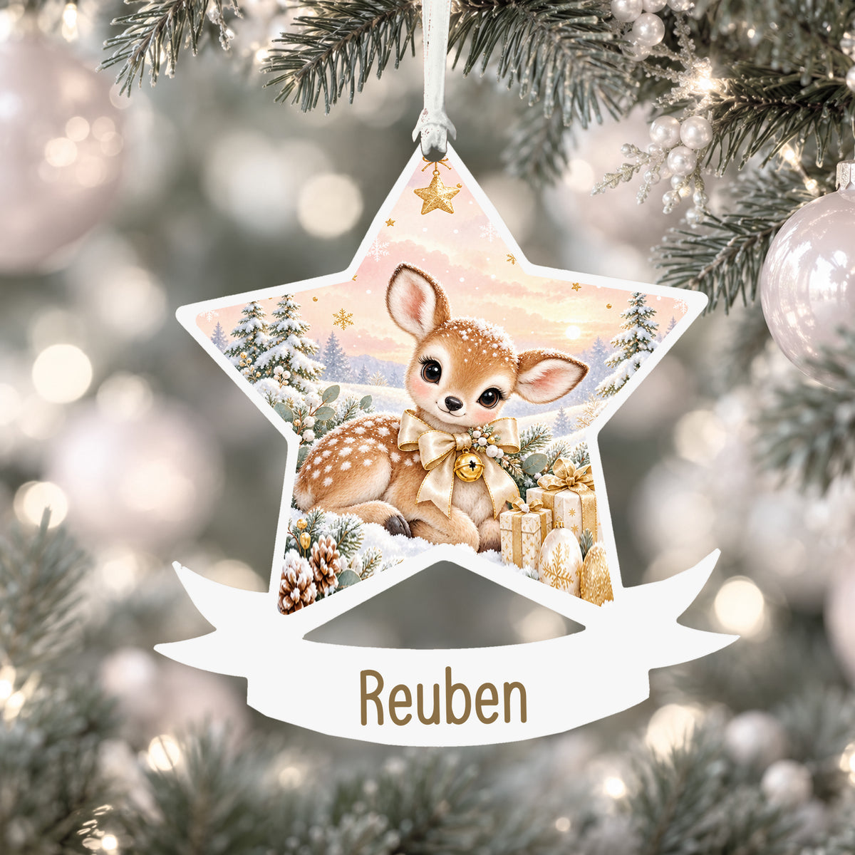 Personalised champagne fawn acrylic star Christmas bauble with custom name, hanging on a Christmas tree with white ribbon