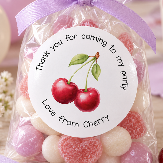 Personalised Cherry Thank You Stickers – Glossy Round Party Bag Labels, 5cm
