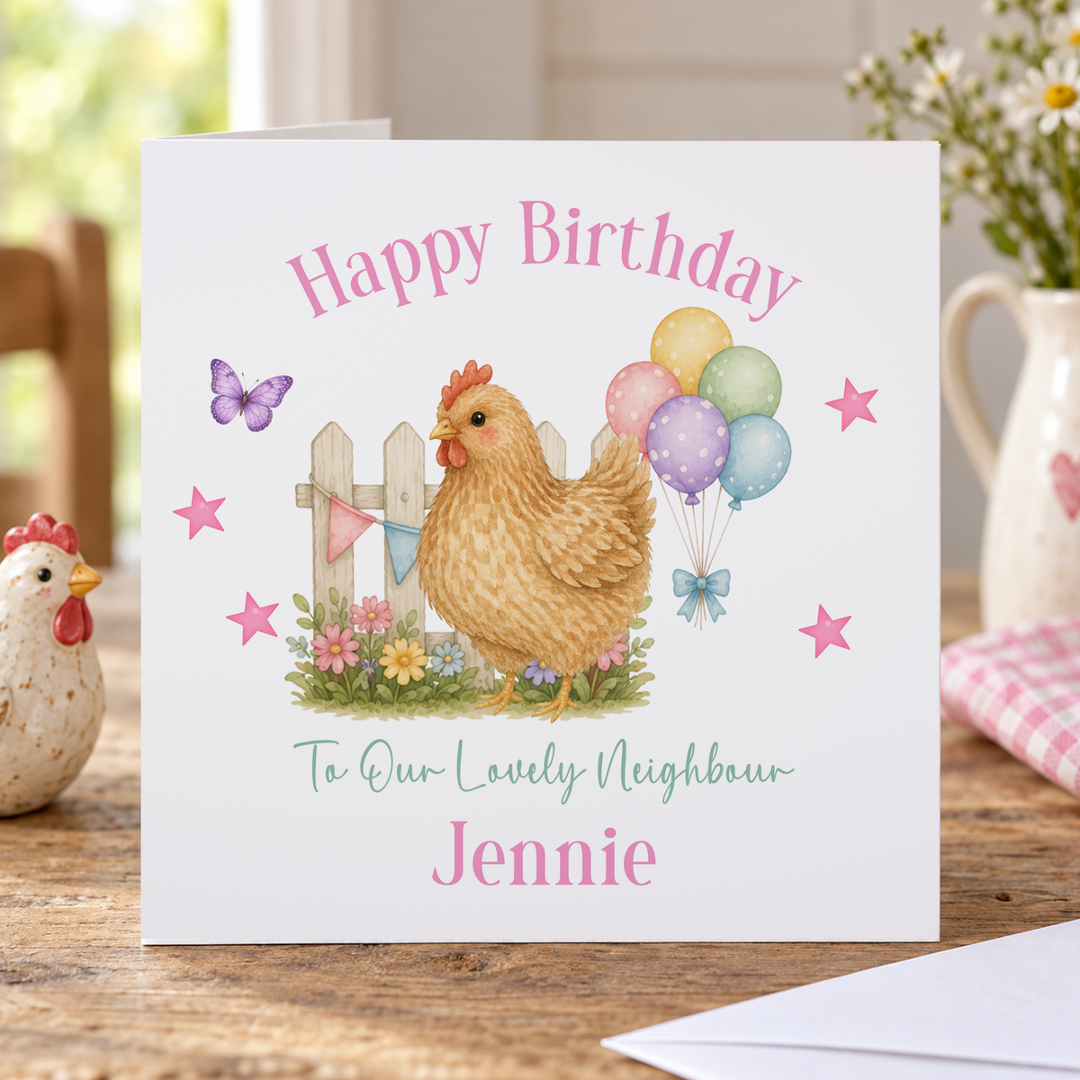 Personalised Chicken Birthday Card, Any Name & Relation, 6x6 Inch