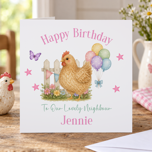 Personalised Chicken Birthday Card, Any Name & Relation, 6x6 Inch