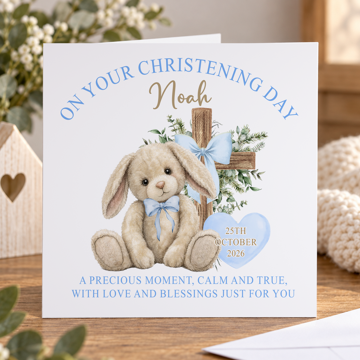 Personalised Christening Card – Blue Bunny & Wooden Cross Keepsake