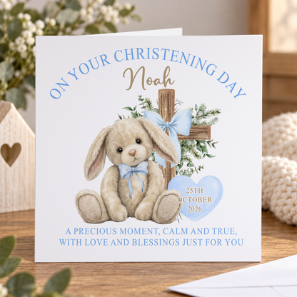 Personalised Christening Card – Blue Bunny & Wooden Cross Keepsake