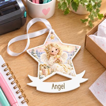 Personalised Christmas angel white acrylic star bauble with name, 10cm Christmas decoration with ribbon, shown on a desk
