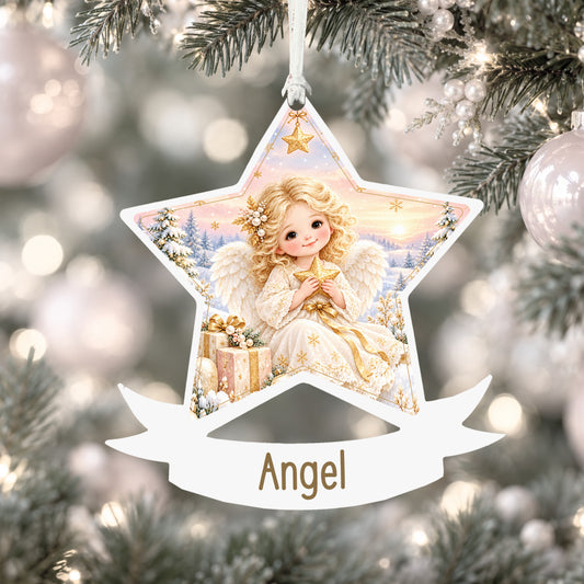 Personalised Christmas angel acrylic star Christmas bauble with custom name, hanging on a Christmas tree with white ribbon